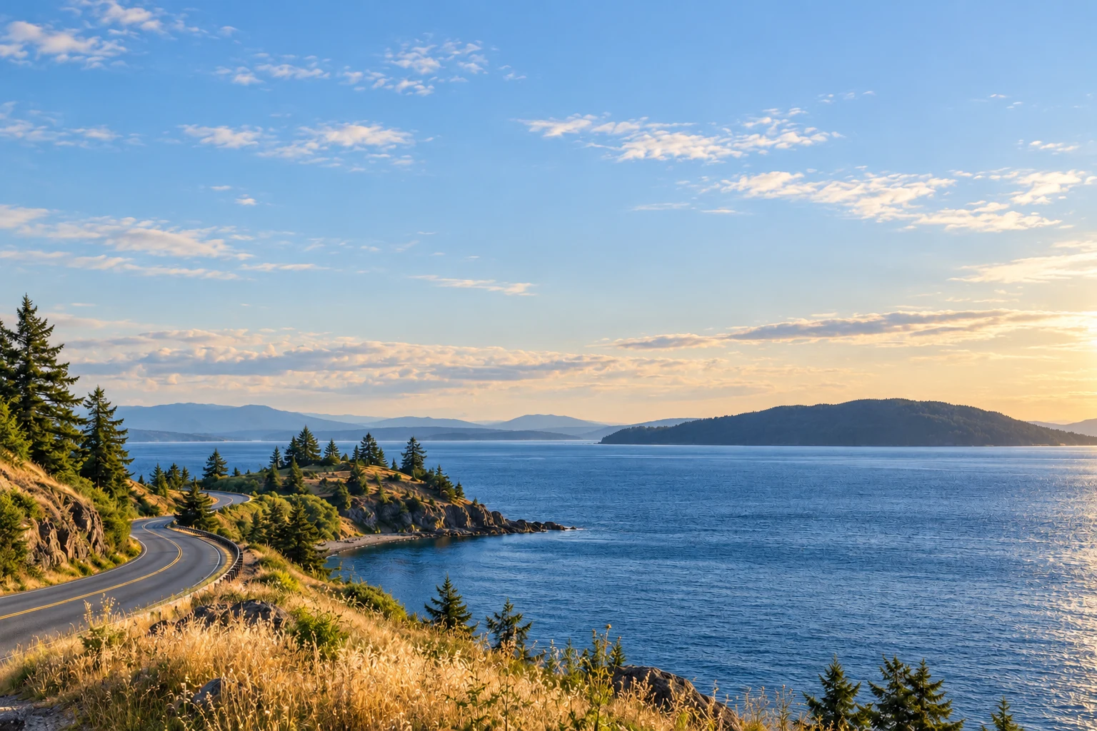 A winding coastal road beside calm water beneath a warm, open sky.