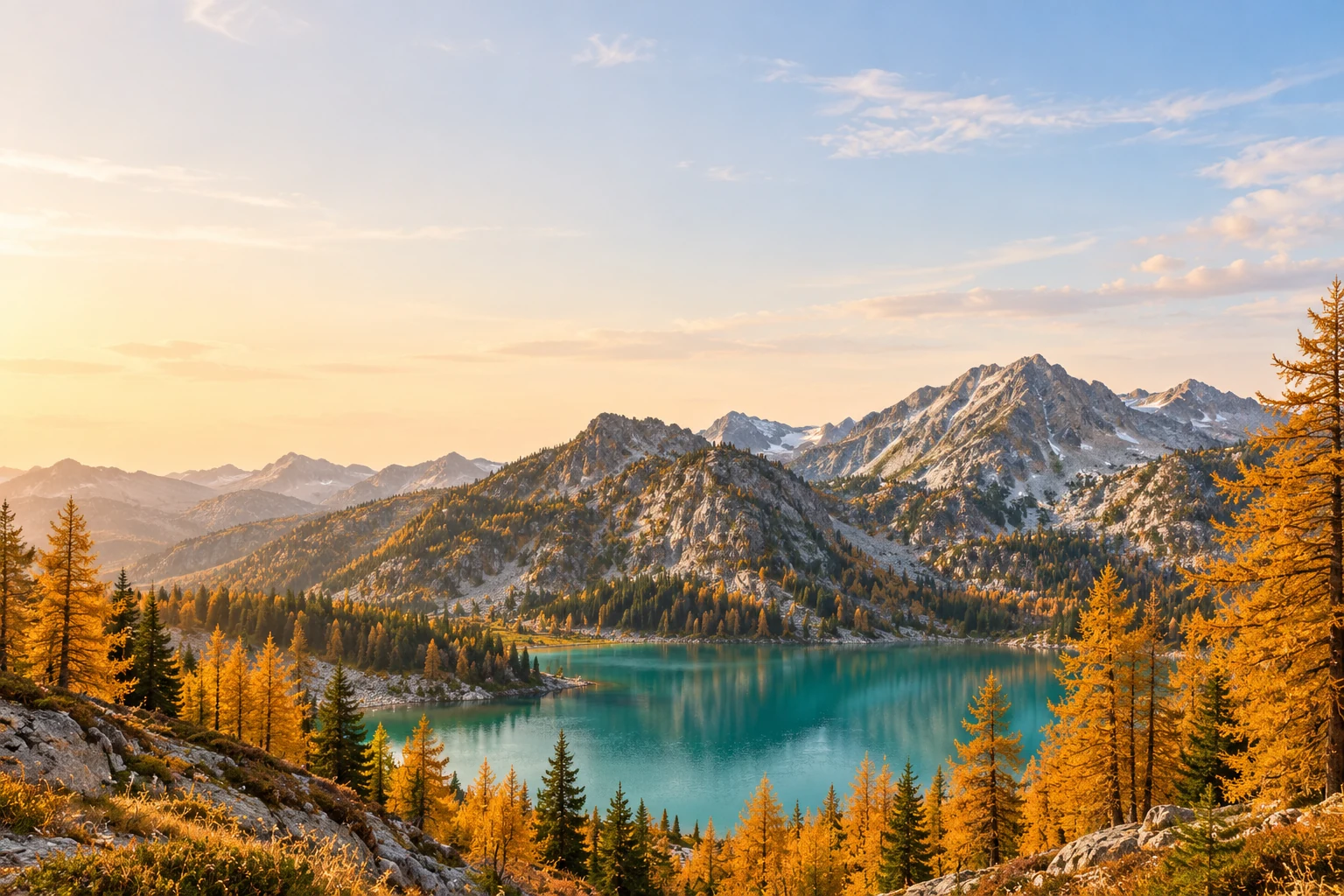 Golden larches around a quiet mountain lake in evening light.