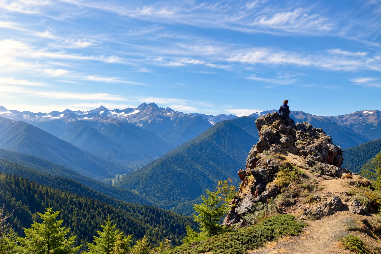 A woman seated on a rocky overlook, taking in a wide mountain view.
